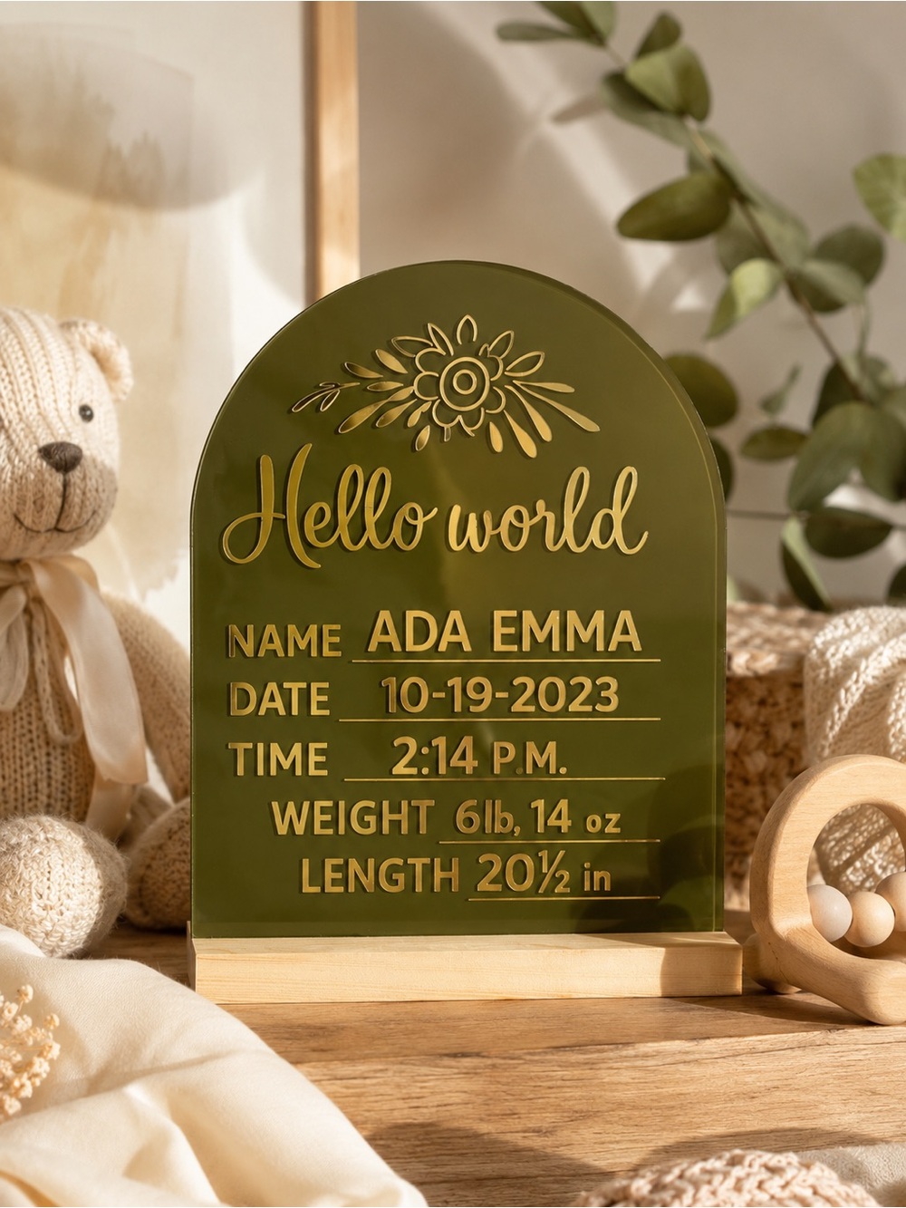 Personalized 'Hello World' Baby Acrylic Keepsake - Olive & Gold
